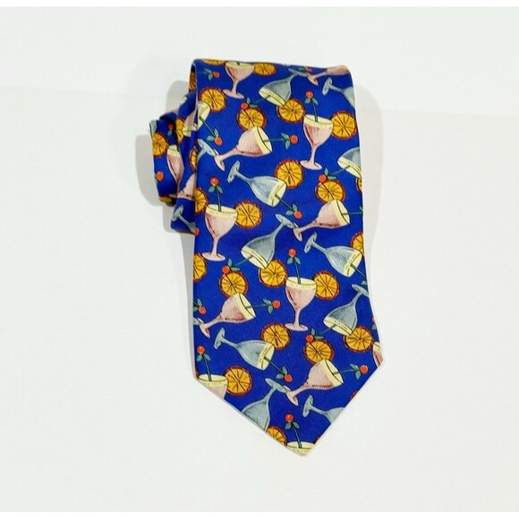Kenneth Gordon Tie Silk Cocktail Martini Drinks Print Blue Wide 4” Italy Vintage - Picture 2 of 10